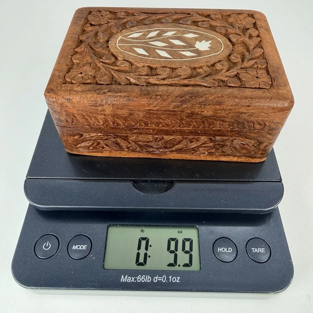 Hand Carved Wooden Jewelry Box Vintage Floral Inlay India Trinket Box